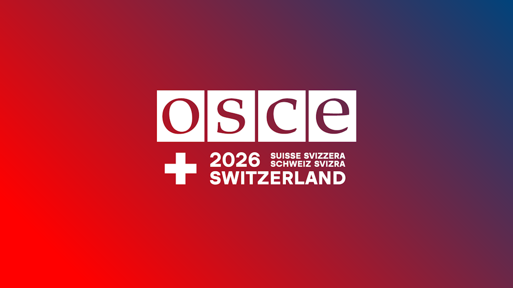 Logo de la présidence suisse de l’OSCE, composé du sigle de l’organisation et d’un dégradé du rouge vers le bleu.